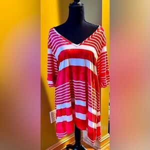 New Directions Women’s Size 2X Soft Striped Red White Comfort Top Waldo Loose